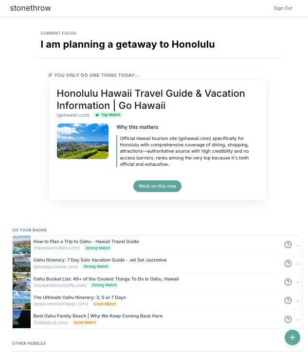 Stonethrow app showing links ranked by a Focus: planning a getaway to Honolulu
